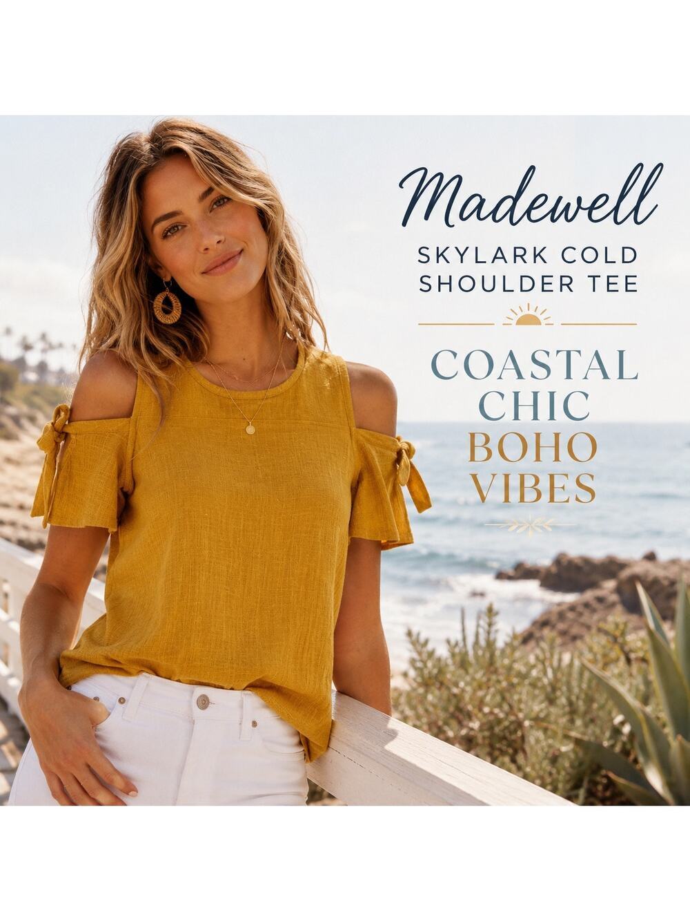 Madewell Skylark Cold Shoulder Tee Mustard Yellow Tie Flutter Top Coastal Boho S